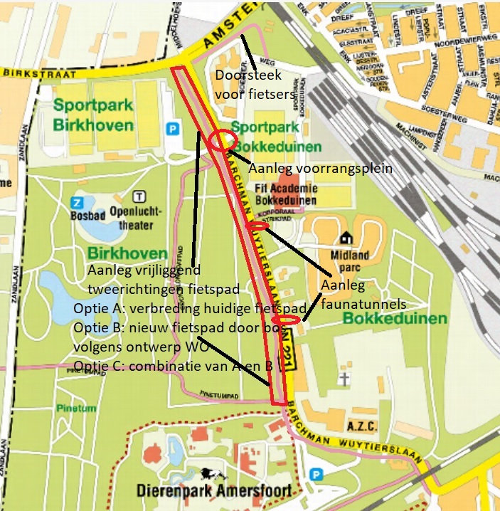 Kaart met route: langs de Barchman Wuytierslaan tussen het Dierenpark en de Amsterdamseweg in Amersfoort